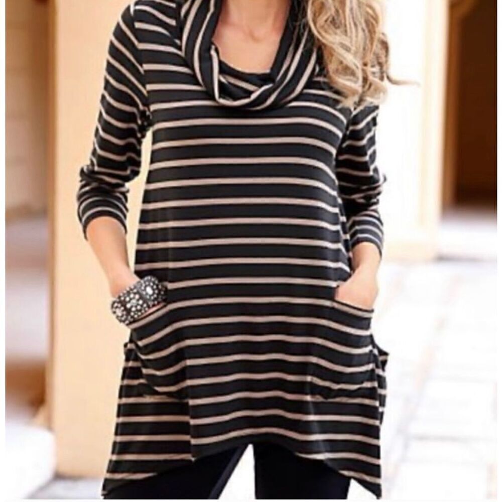 Womens Venus Striped Cowl Neck Tunic Top Sweater with Pockets - Sz L